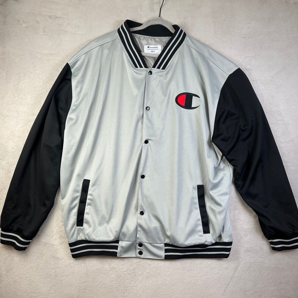 Champion Mens 3XLT Gray Black Varsity Snap Jacket Big & Tall Embroidered Logo